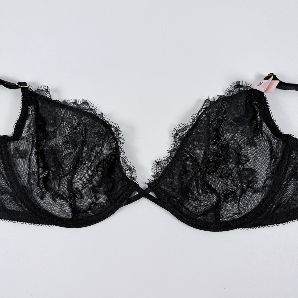 Victoria's Secret Very Sexy Black Lace Unlined Low-Cut Demi Underwire Bra 32DD